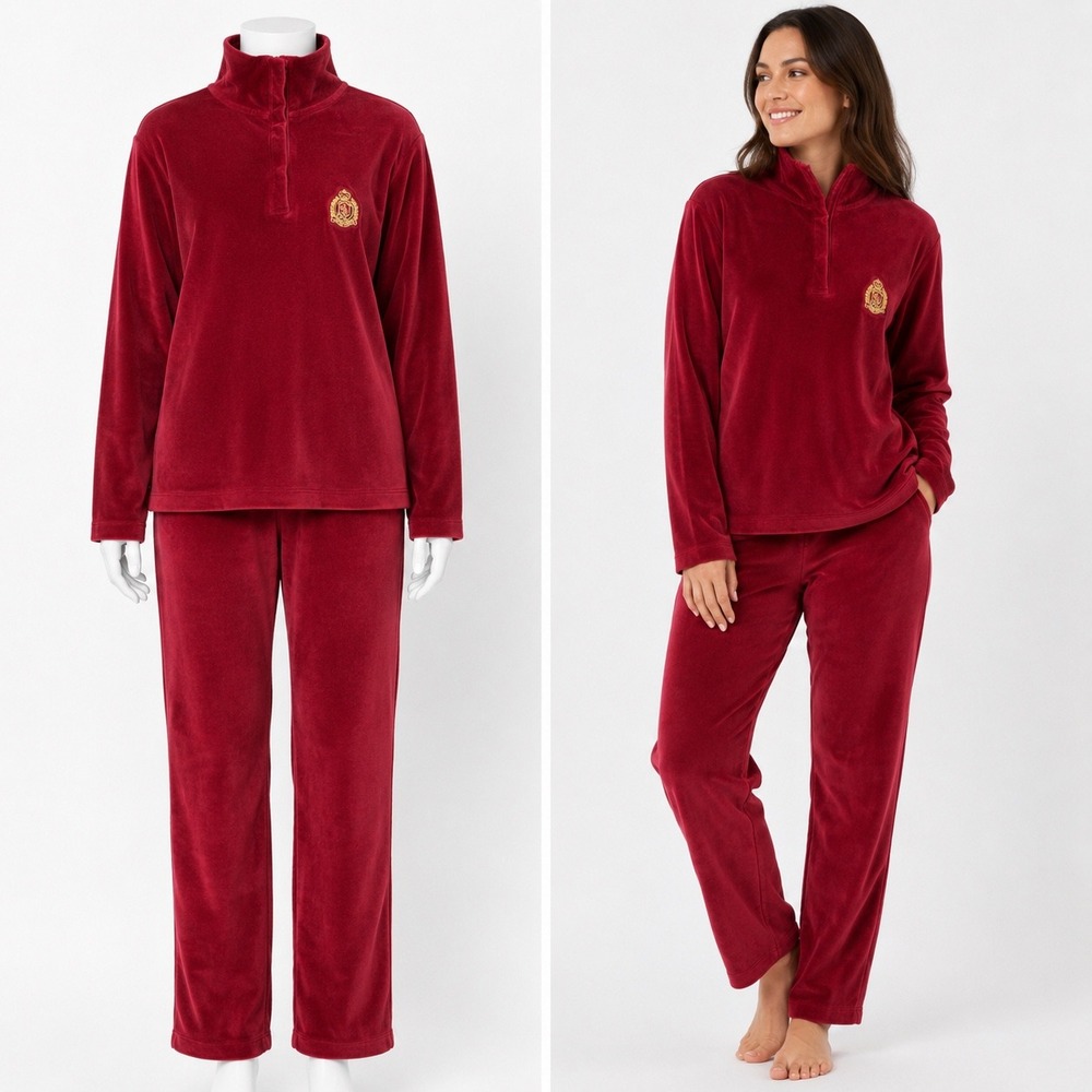 Lauren Ralph Lauren Crown Crest Velour Tracksuit Medium Bright Red Quarter Zip